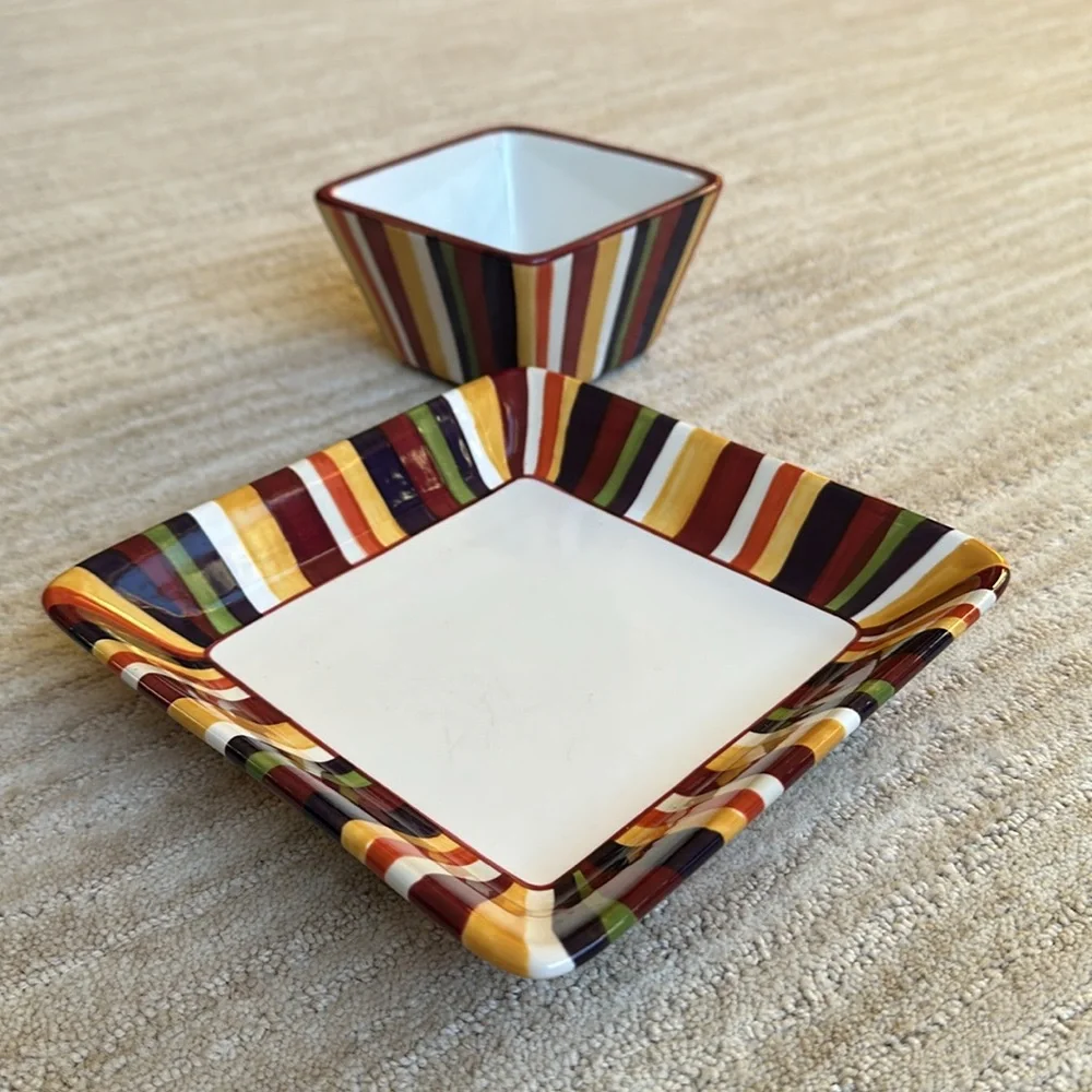 The Pampered Chef Simple Additions Stripe Set Plate and Square Bowl Entertaining